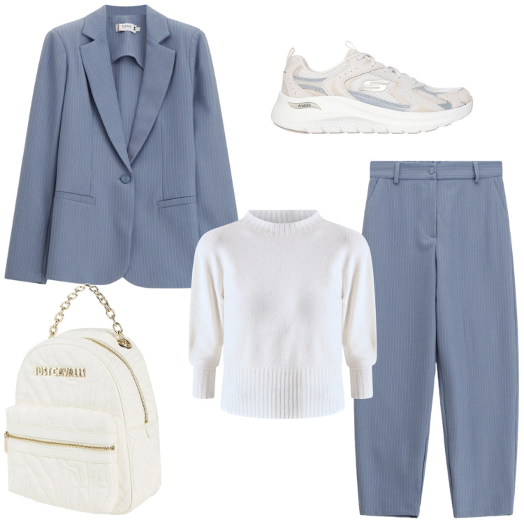 Outfit donna - Dall\' ufficio all\' aperitivo. Stile Casual chic per Ufficio. Abbinamento con zaini, blazer, pantaloni, maglieria, sneakers.