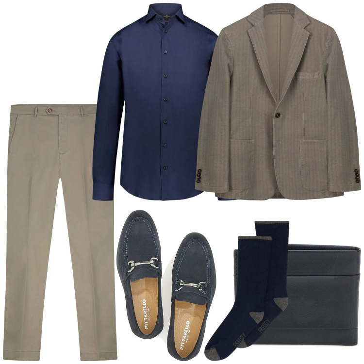 Outfit uomo - Total look #2349715. Stile Casual per Ufficio. Abbinamento con calzini, camicie, portafogli, scarpe stringate, giacche, pantaloni chino.
