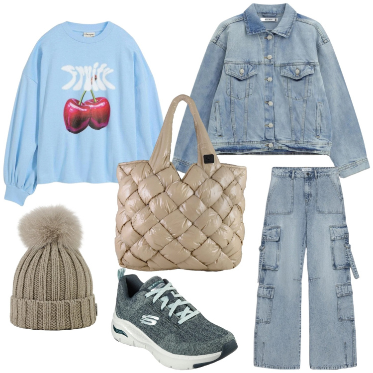 Outfit donna - Total look. Stile Urban per Tutti i giorni. Abbinamento con felpe, jeans, blazer, borse tote, berretti, sneakers.