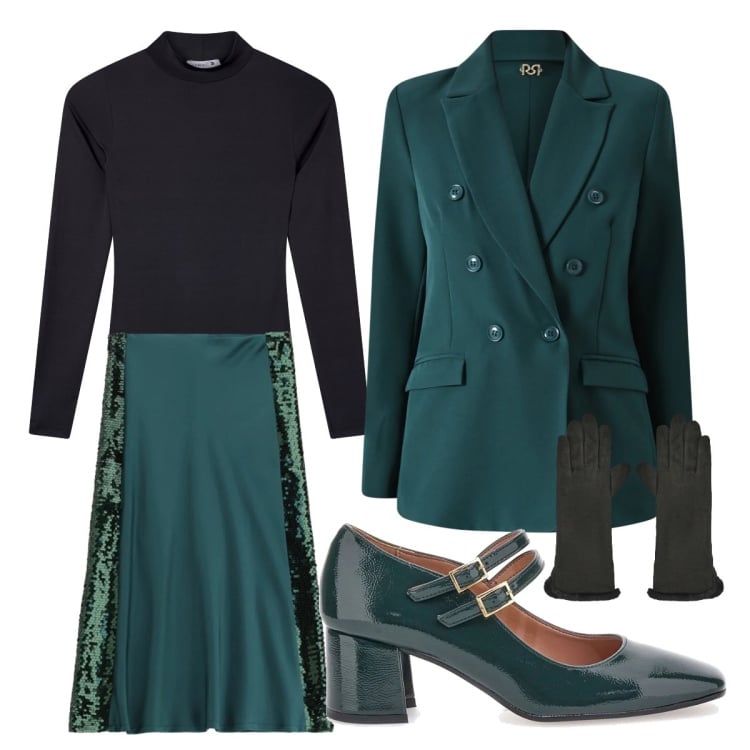 Outfit donna - Dark Green and black. Stile Bon Ton per Cerimonia. Abbinamento con body, guanti, gonne lunghe, blazer, décolleté.