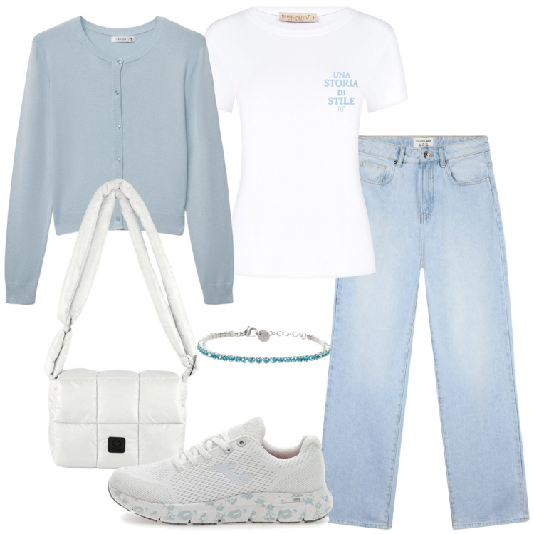 Outfit donna - Basic primavera. Stile Basic per Tutti i giorni. Abbinamento con cardigans, jeans dritti, braccialetti, t-shirt, borse a spalla, sneakers.
