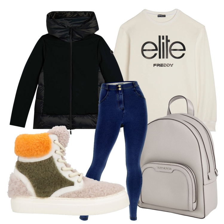 Outfit donna - Freddy trendy. Stile Trendy per Scuola/Università. Abbinamento con zaini, stivaletti, jeggings, felpe, piumini.