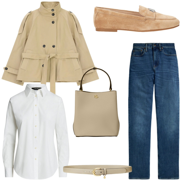 Outfit donna - Come vestire a marzo. Stile Casual chic per Tutti i giorni. Abbinamento con trench, jeans dritti, camicie, mocassini, cinture, borse a secchiello.