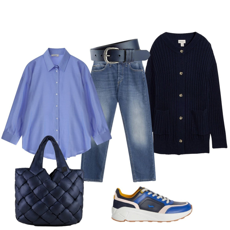 Outfit donna - Casual chic in città. Stile Casual chic per Tutti i giorni. Abbinamento con cardigans, cinture, sneakers, camicie, jeans dritti, borse tote.