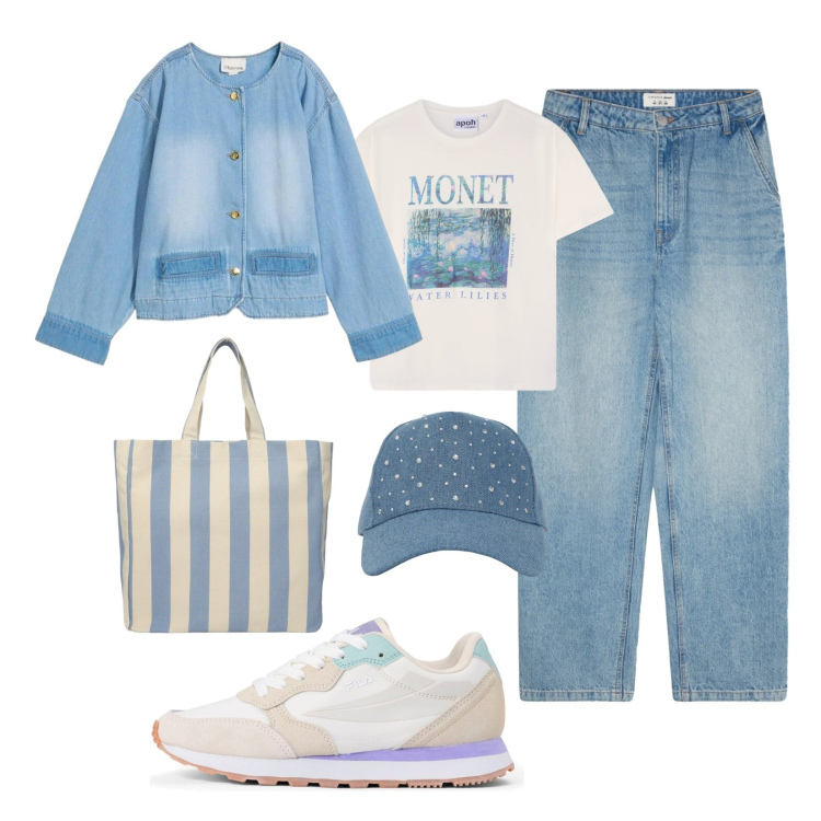 Outfit donna - Denim di mezza stagione. Stile Urban per Scuola/Università. Abbinamento con blazer, shopping bag, cappelli, t-shirt, jeans, sneakers.