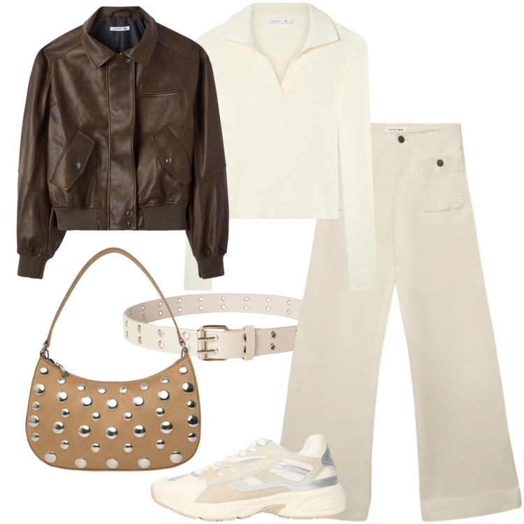 Outfit donna - Total look #2349727. Stile Trendy per Tutti i giorni. Abbinamento con cinture, maglieria, jeans, sneakers, borse a tracolla, giacche.