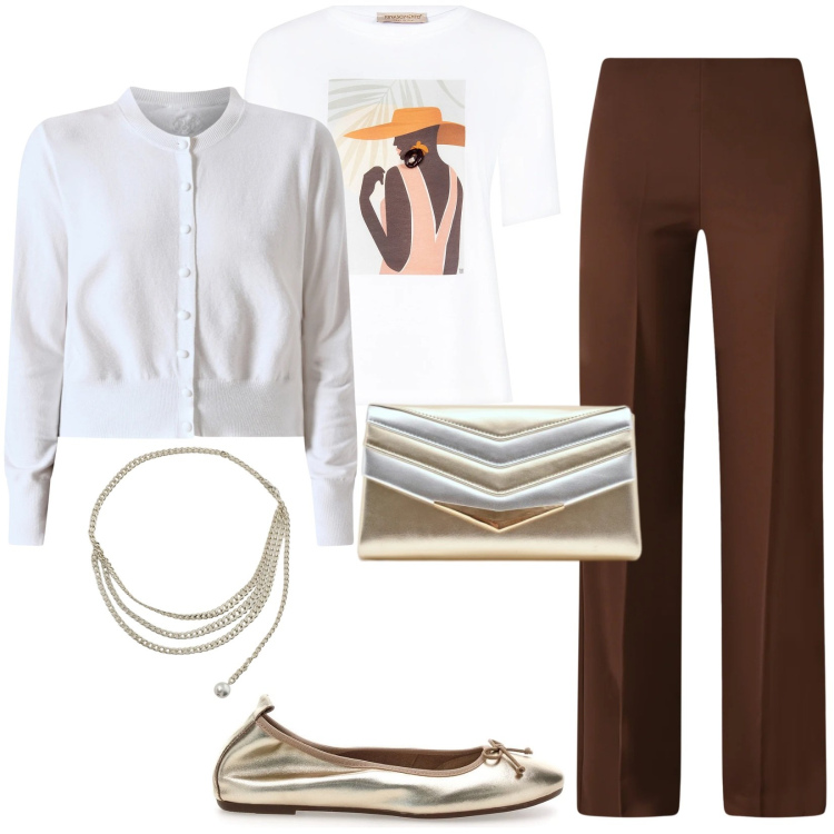 Outfit donna - Un look fluido semplice e raffinato. Stile Casual chic per Tutti i giorni. Abbinamento con collane, pochette, t-shirt, pantaloni a palazzo, cardigans, ballerine.