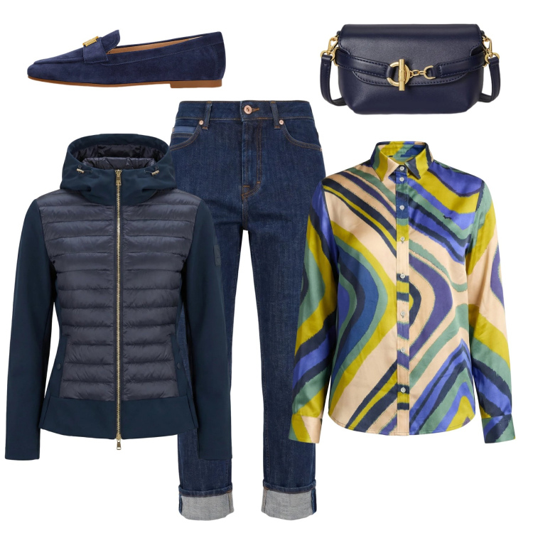Outfit donna - Onde azzurro-verde-blu. Stile Casual chic per Tutti i giorni. Abbinamento con camicie, giacche, jeans, mocassini, borse a tracolla.