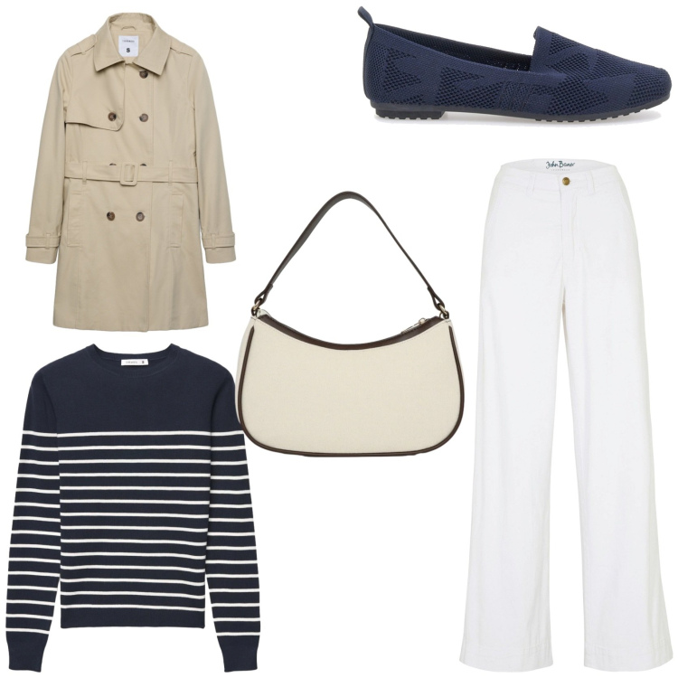 Outfit donna - Come vestirsi a marzo. Stile Casual chic per Tutti i giorni. Abbinamento con jeans, trench, maglieria, borse a tracolla, mocassini.