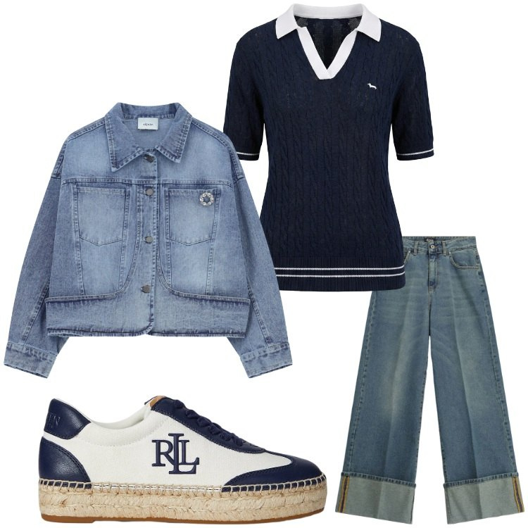 Outfit donna - Denim. Stile Casual per Tutti i giorni. Abbinamento con polo, blazer, jeans, sneakers.