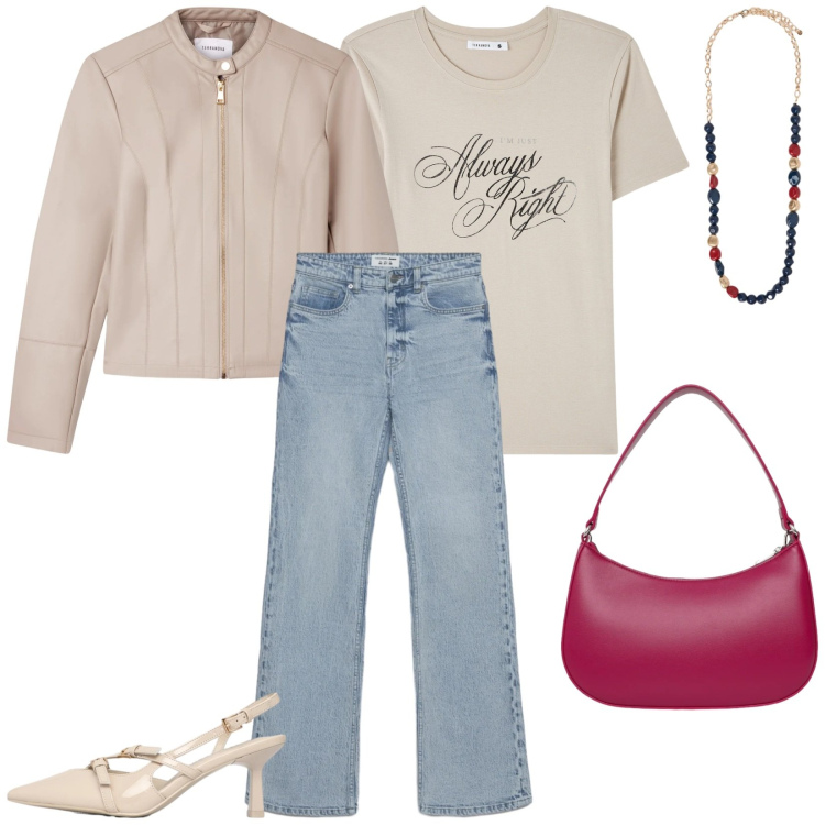 Outfit donna - Total look #2349754. Stile Casual per Tutti i giorni. Abbinamento con t-shirt, décolleté, jeans bootcut, borse a tracolla, giacche, collane.