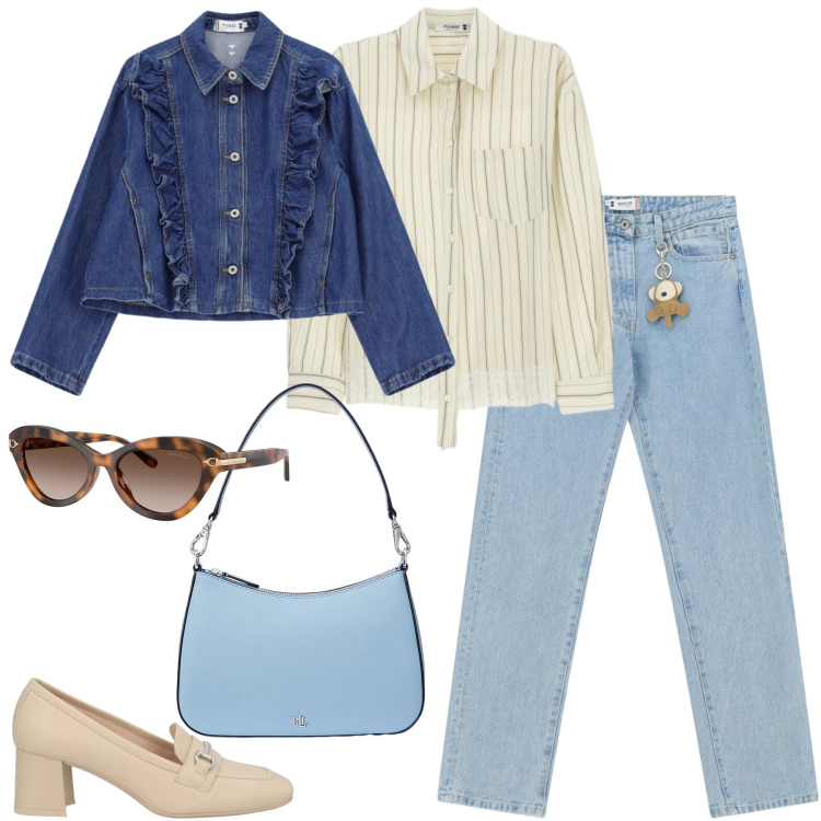 Outfit donna - Total look #2349761. Stile Trendy per Tutti i giorni. Abbinamento con mocassini, jeans dritti, blazer, camicie, borse a spalla, occhiali da sole.