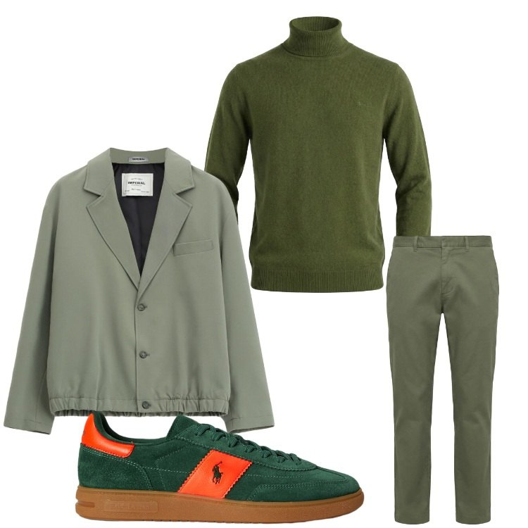 Outfit uomo - Verde bosco. Stile Casual per Tutti i giorni. Abbinamento con pantaloni cargo, maglieria, giacche, sneakers.