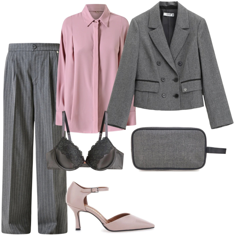 Outfit donna - Un look ricco di carattere urbano. Stile Chic per Ufficio. Abbinamento con reggiseni, blazer, pantaloni, camicie, valigie, scarpe col tacco.