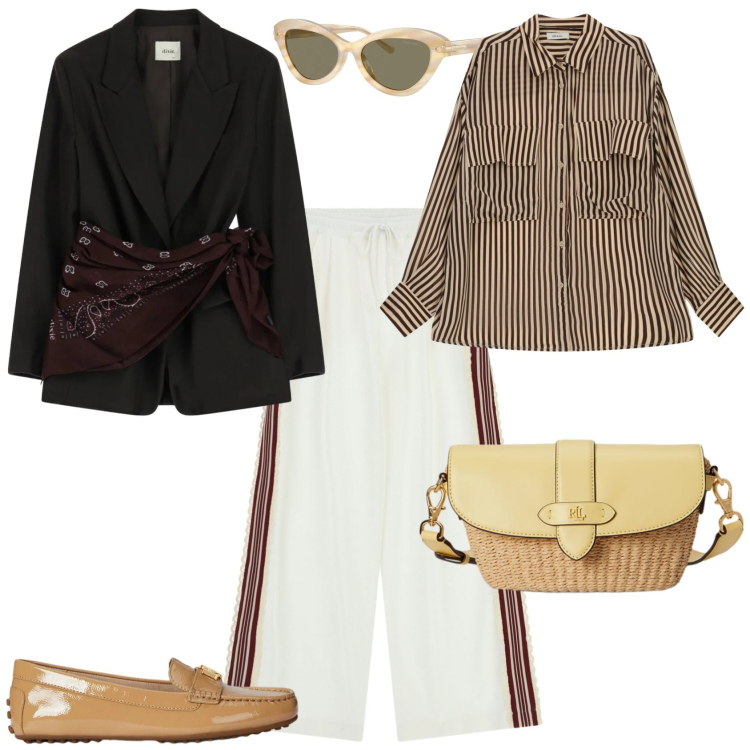 Outfit donna - Trendy ufficio tempo libero. Stile Trendy per Tutti i giorni. Abbinamento con pantaloni a palazzo, blazer, camicie, borse a spalla, occhiali da sole, mocassini.