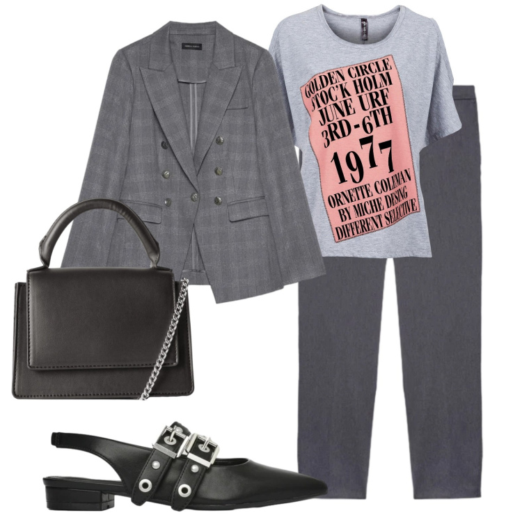 Outfit donna - In ufficio a marzo. Stile Urban per Ufficio. Abbinamento con maglieria, ballerine, borse a tracolla, pantaloni, blazer.