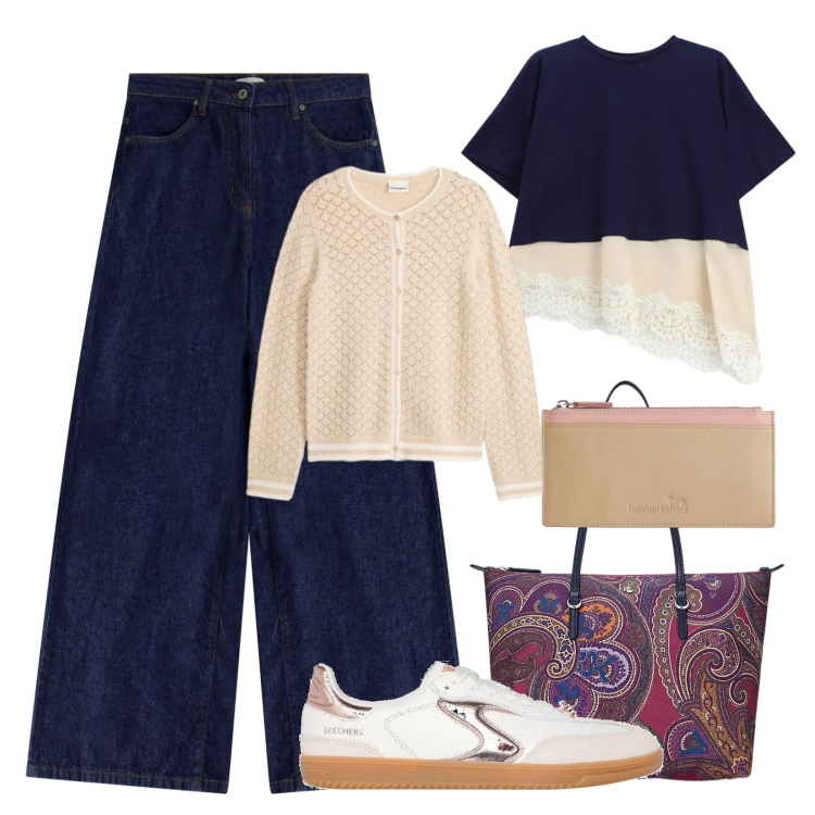 Outfit donna - Denim sempre attuale. Stile Casual per Ufficio. Abbinamento con cardigans, portafogli, jeans, t-shirt, borse tote, sneakers.