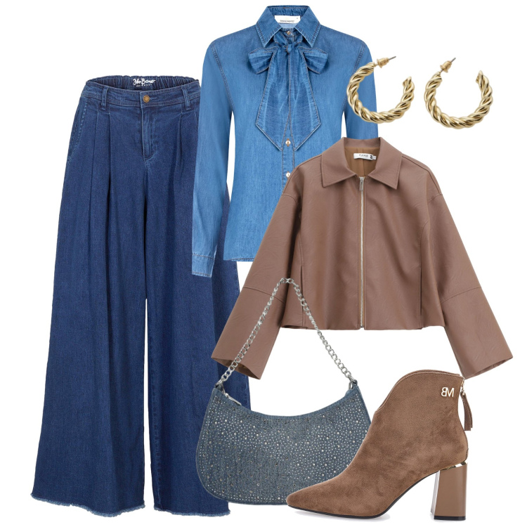 Outfit donna - Denim glam style. Stile Trendy per Tutti i giorni. Abbinamento con gonne, borse a tracolla, orecchini, blazer, camicie, stivaletti.