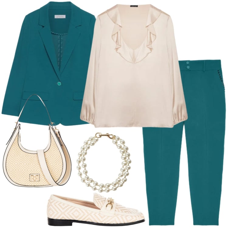 Outfit donna - Completo giacca e pantalone ottanio. Stile Casual per Tutti i giorni. Abbinamento con blazer, bluse, pantaloni chino, mocassini, borse a mano, braccialetti.