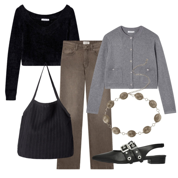 Outfit donna - Terranova - Spring Starts Here. Stile Casual chic per Tutti i giorni. Abbinamento con maglieria, cinture, cardigans, ballerine, shopping bag, jeans bootcut.
