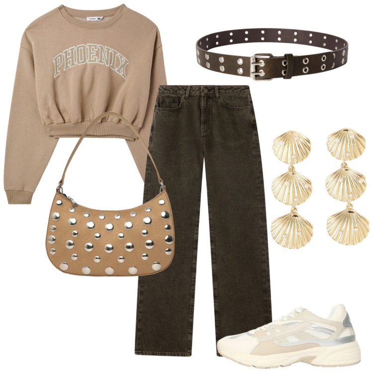 Outfit donna - Terranova - Spring Starts Here. Stile Casual chic per Tutti i giorni. Abbinamento con felpe, orecchini, cinture, sneakers, borse a tracolla, jeans dritti.