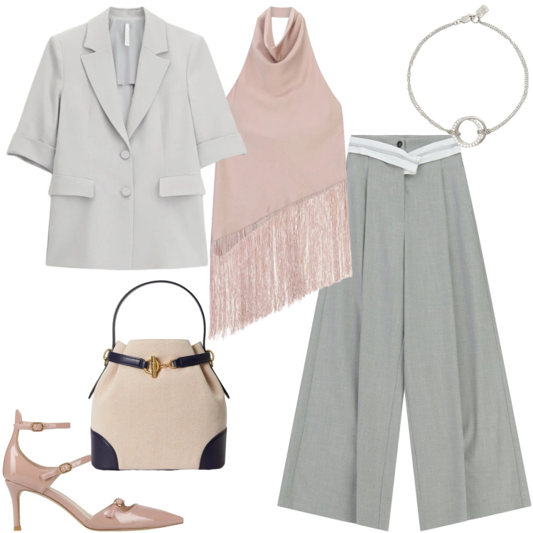 Outfit donna - Total look #2349788. Stile Glamour per Cerimonia. Abbinamento con décolleté, pantaloni a palazzo, blazer, top, braccialetti, borse a secchiello.