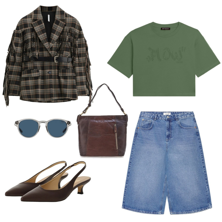 Outfit donna - Liberty. Stile Casual per Serata fuori. Abbinamento con pantaloni corti, blazer, décolleté, t-shirt, occhiali da sole, borse a spalla.