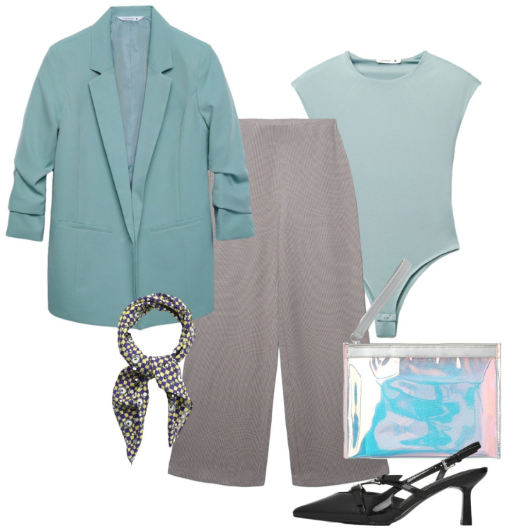 Outfit donna - Terranova - Spring Starts Here. Stile Bon Ton per Ufficio. Abbinamento con pantaloni, top, blazer, pochette, foulard, décolleté.