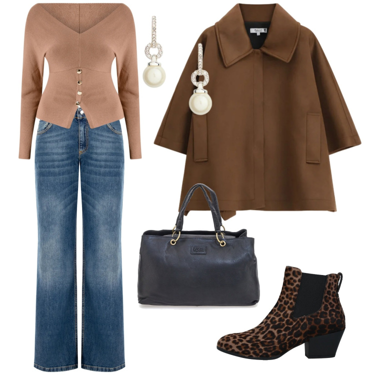 Outfit donna - Dettagli. Stile Casual per Tutti i giorni. Abbinamento con stivaletti, cappotti, jeans, maglieria, orecchini, borse a mano.