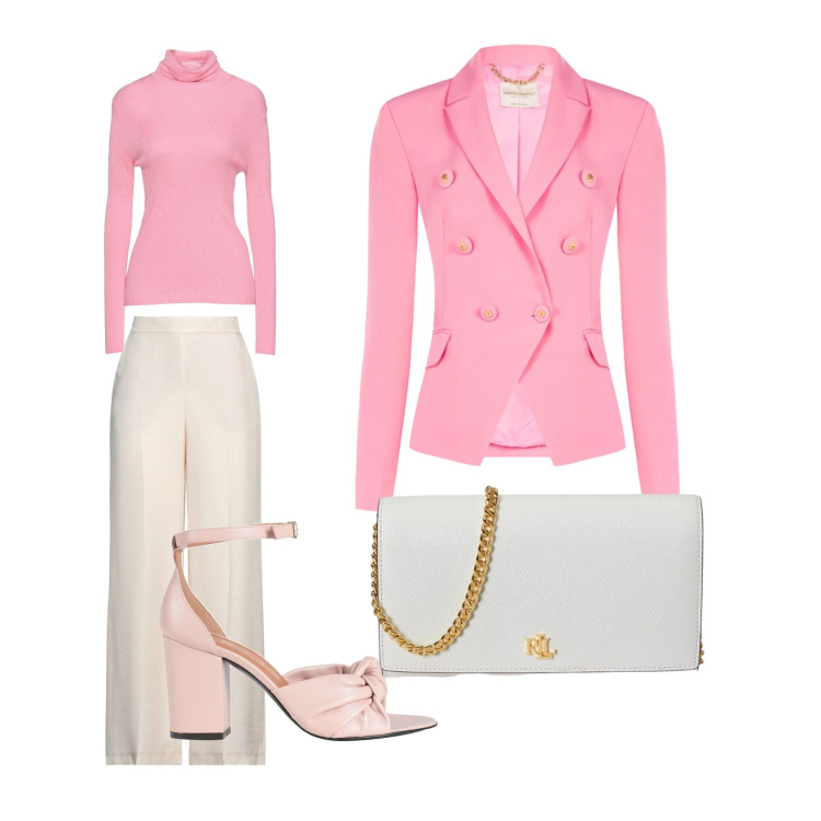 Outfit donna - Un tocco di rosa. Stile Casual chic per Ufficio. Abbinamento con maglieria, pantaloni, sandali in pelle, blazer, borse a tracolla.