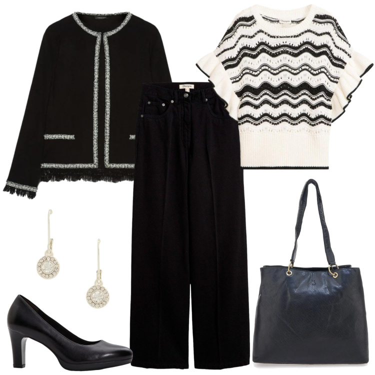 Outfit donna - Total look #2349799. Stile Bon Ton per Tutti i giorni. Abbinamento con t-shirt, pantaloni, décolleté, cardigans, orecchini, shopping bag.