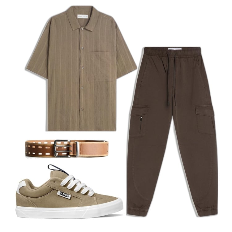 Outfit hombre - Casual #6301. Estilo Casual para Oficina. Combinación con sneakers, pantalones cargo, cinturones, camisas de manga corta.
