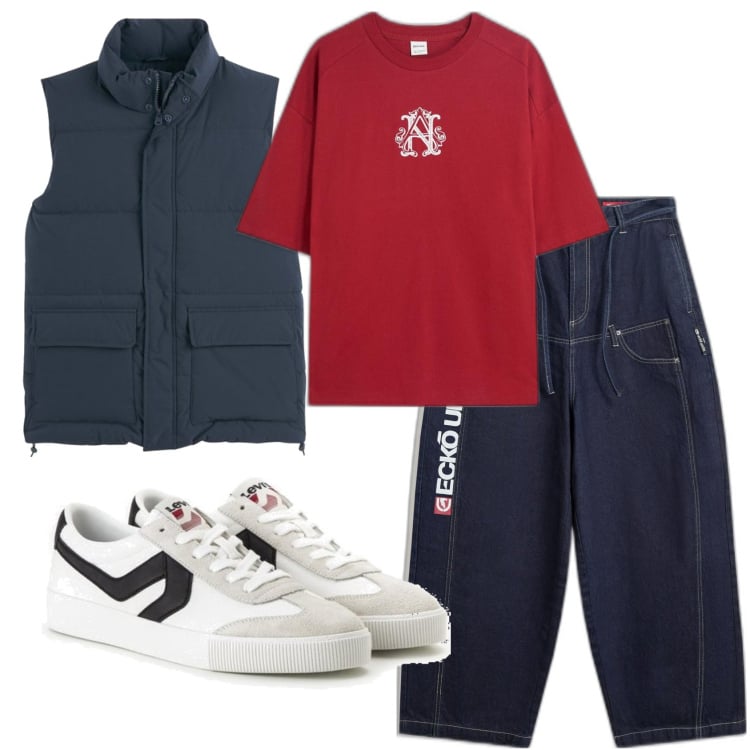 Outfit hombre - Urban #1909. Estilo Urban para Todos los días. Combinación con sneakers, chalecos, camiseta, vaqueros.