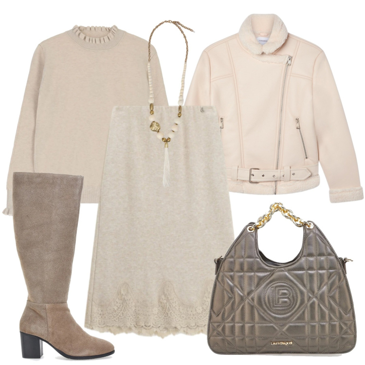 Outfit donna - Delicati contrasti di stile. Stile Chic per Tutti i giorni. Abbinamento con bomber, ciondoli, gonne longuette, maglieria, stivali, borse a mano.