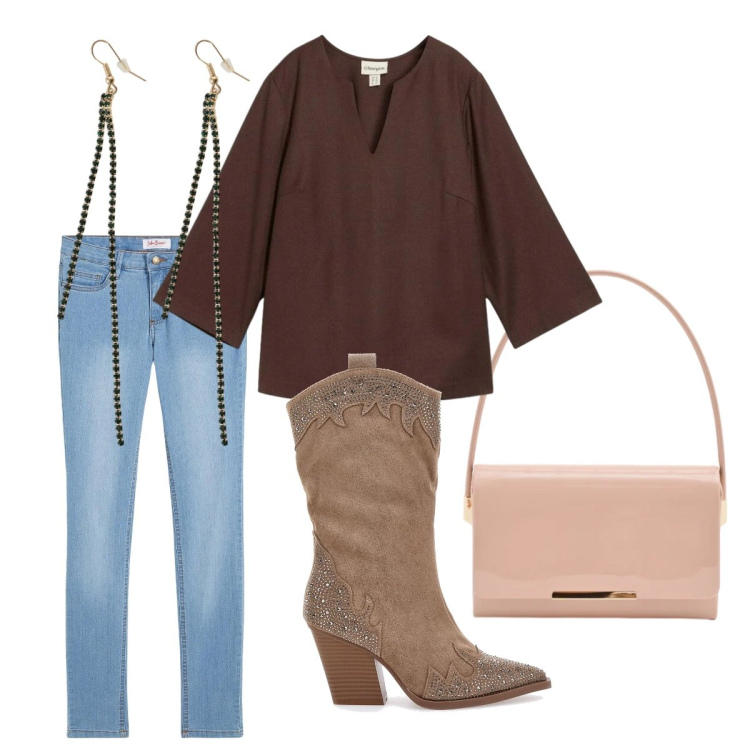 Outfit donna - Casual chic per la riviera romagnola. Stile Casual chic per Serata fuori. look ideale per Petite. Abbinamento con tuniche, jeans skinny, orecchini, pochette, stivali.