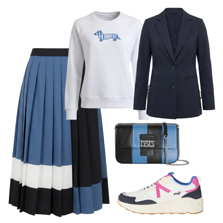 Outfit donna - Mediterranean Glow. Stile Preppy per Tutti i giorni. Abbinamento con gonne longuette, sneakers, blazer, borse a tracolla, felpe, occhiali da sole.
