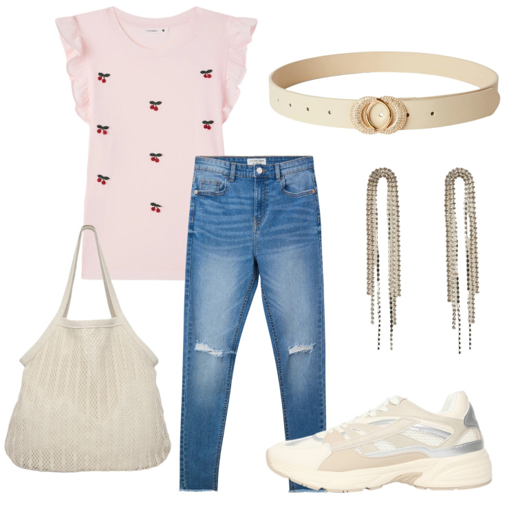 Outfit donna - L estate che aspetta. Stile Casual per Tutti i giorni. Abbinamento con jeans strappati, shopping bag, t-shirt, orecchini, cinture, sneakers.