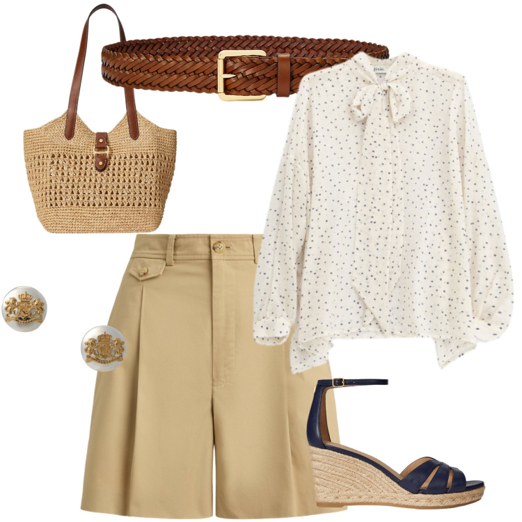 Outfit donna - Leggera eleganza. Stile Glamour per Tutti i giorni. Abbinamento con camicie, orecchini, cinture, borse tote, zeppe, bermuda.