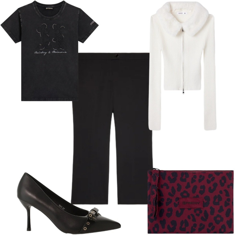 Outfit donna - Total look #2349824. Stile Sporty chic per Tutti i giorni. Abbinamento con décolleté, cardigans, pantaloni, t-shirt, clutch.