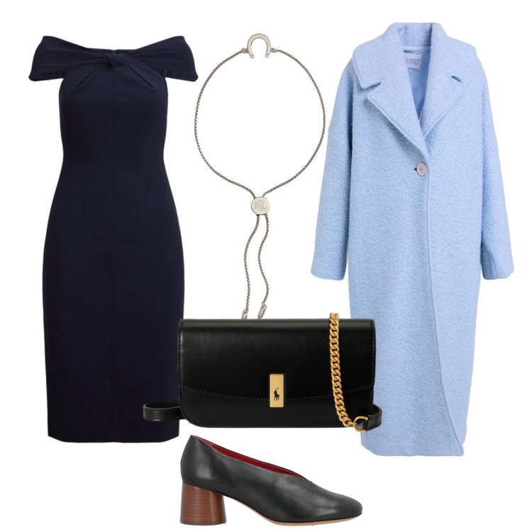 Outfit donna - Cerimonia serale curvy. Stile Chic per Cerimonia. Abbinamento con cappotti, décolleté, vestiti, braccialetti con ciondoli, clutch.