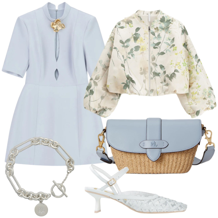 Outfit donna - Glamour cielo. Stile Glamour per Tutti i giorni. Abbinamento con décolleté, vestiti corti, bomber, braccialetti, borse a spalla.