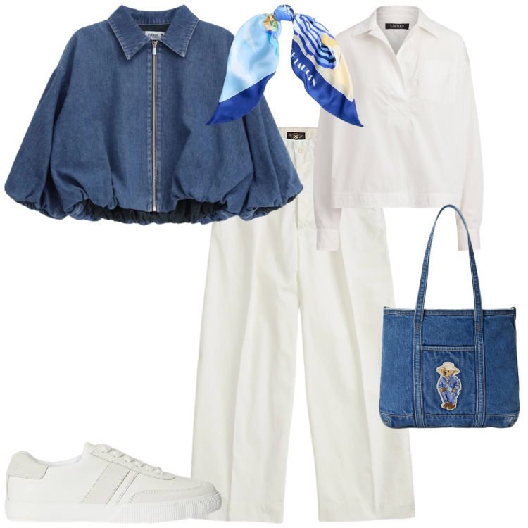 Outfit donna - Sporty chic tempo libero. Stile Sporty chic per Tutti i giorni. Abbinamento con blazer, pantaloni, foulard, camicie, sneakers, borse tote.