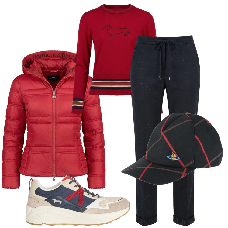 Outfit donna - Rosso di sera. Stile Casual chic per Tutti i giorni. Abbinamento con cappelli con visiera, sneakers, maglieria, pantaloni, piumini.