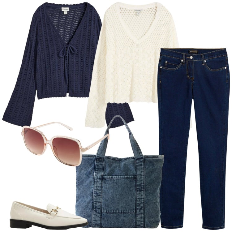 Outfit donna - Total look #2349829. Stile Casual chic per Tutti i giorni. Abbinamento con jeans dritti, cardigans, maglieria, mocassini, occhiali da sole, shopping bag.