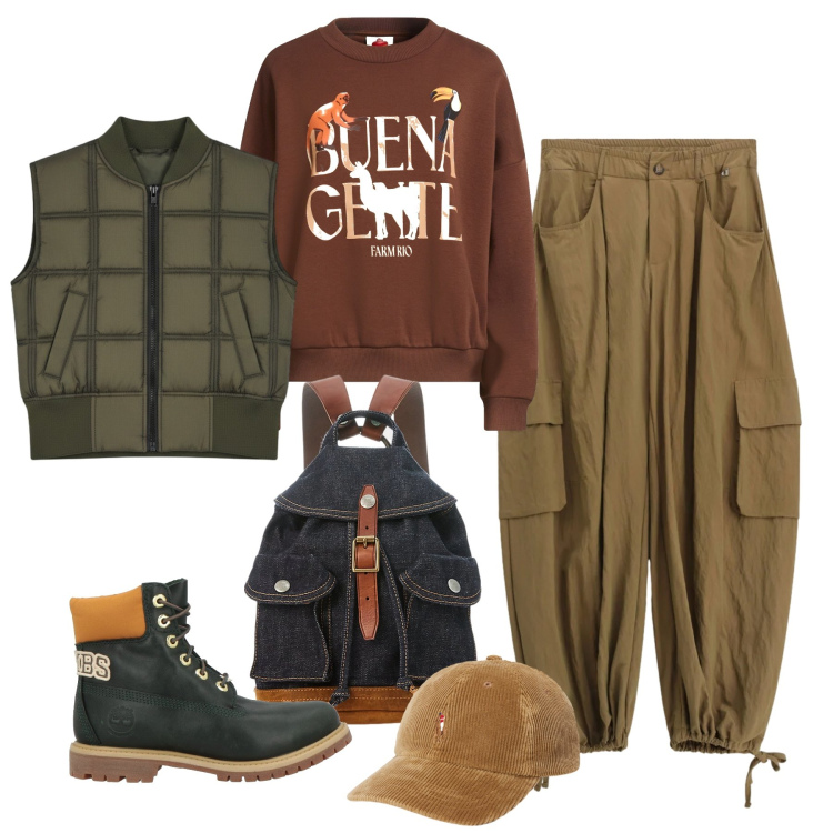 Outfit donna - Gorpcore Metropolitano - @cindyart. Stile Urban per Tutti i giorni. Abbinamento con stivaletti, felpe, piumini, zaini, cappelli con visiera, pantaloni.