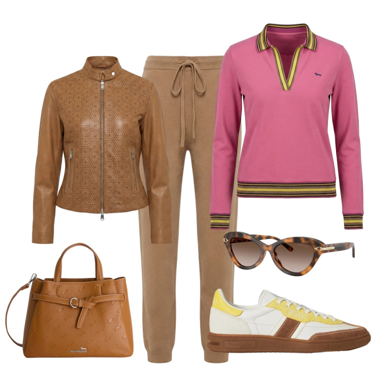 Outfit donna - Mood preppy sportivo. Stile Urban per Tutti i giorni. Abbinamento con polo, pantaloni, borse a mano, giacche, occhiali da sole, sneakers.