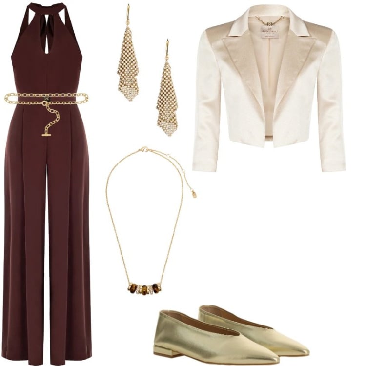 Outfit donna - coprispalla e tuta elegante. Stile Chic per Serata fuori. Abbinamento con ballerine, tute, bolero, cinture, collane, orecchini.