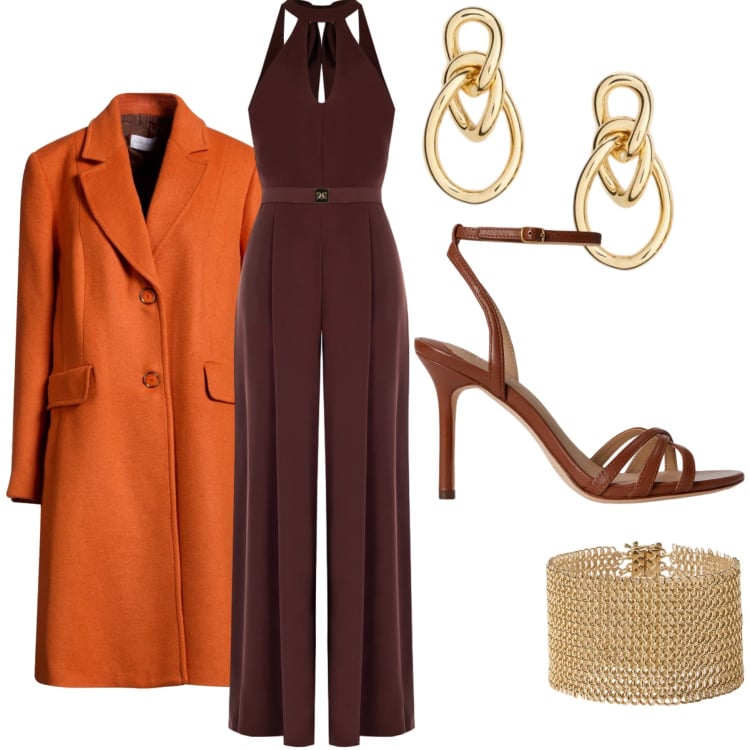 Outfit donna - Marzo. Stile Casual chic per Tutti i giorni. Abbinamento con cappotti, tute, orecchini, sandali in pelle, braccialetti.