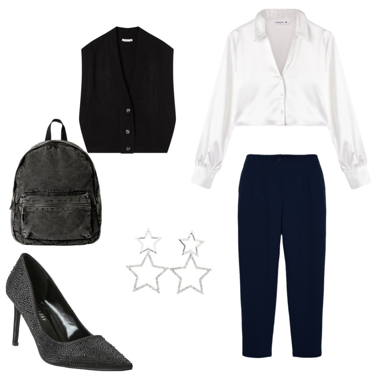 Outfit donna - Elegantemente comoda. Stile Casual per Ufficio. Abbinamento con décolleté, zaini, maglieria, pantaloni chino, orecchini, camicie.