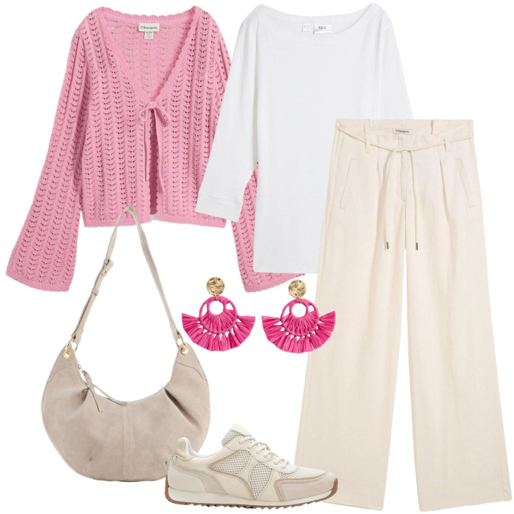 Outfit donna - Total look #2349839. Stile Casual chic per Tutti i giorni. Abbinamento con pantaloni, sneakers alte, maglieria, orecchini, borse a tracolla, cardigans.